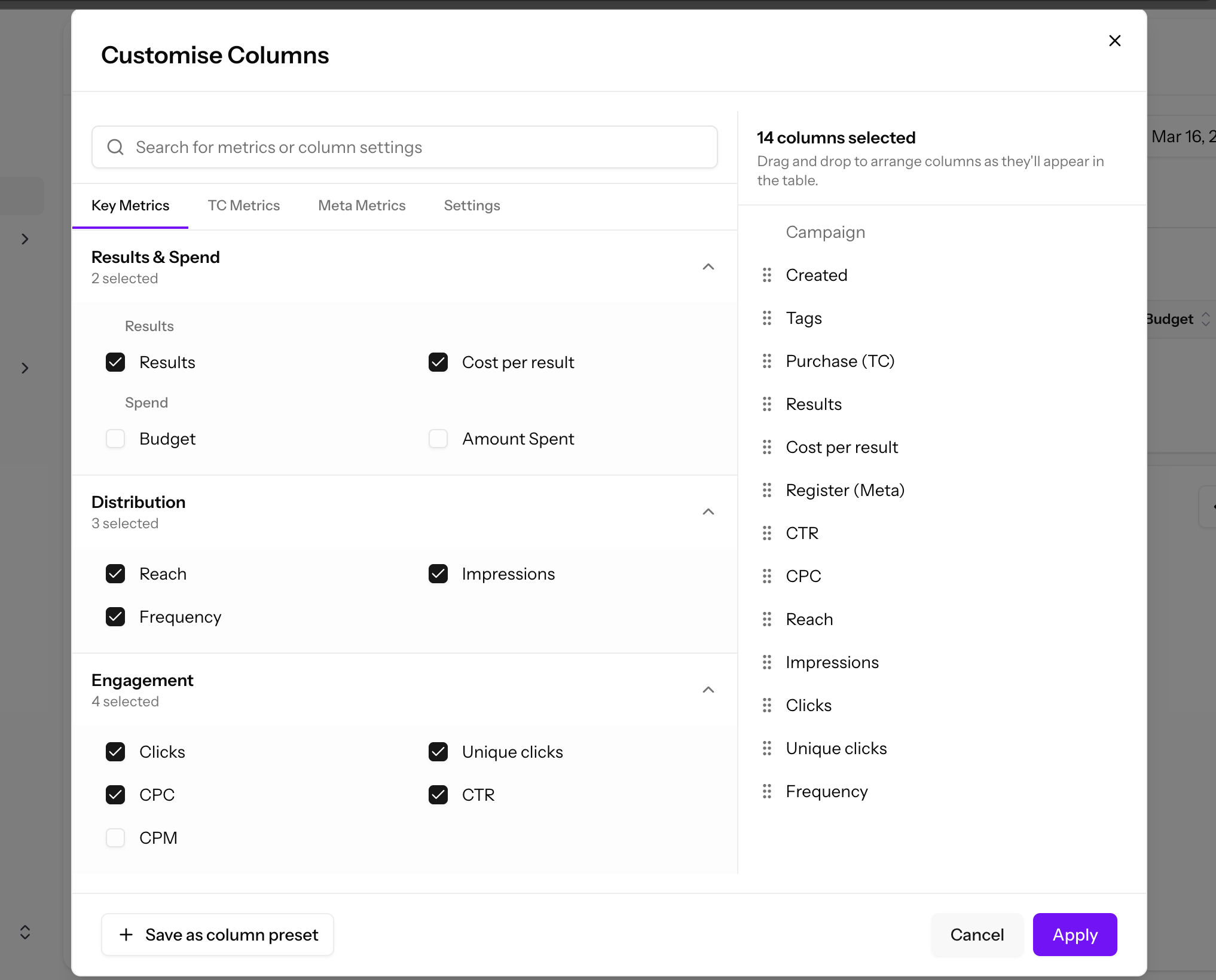 Save Column Preset